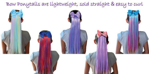 Rear view of five young girls, each wearing colored hair extensions. The My Hair Popz pink hair extensions, purple hair extensions, blue hair extensions and rainbow hair extensions are attached with a pretty bow.  All cute hair accessories are colorful. 