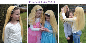 Three images of little girls wearing blonde princess hair. The My Hair Popz Blonde Princess hair is attached to a rhinestone tiara. One girl wears a Disney Princess Cinderella costume; a girl wearing blonde princess hair is putting it on a smaller child 