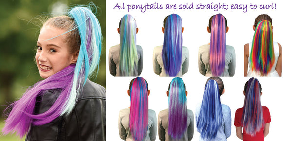 Young girl looking over her shoulder while wearing a My Hair Popz  Ombre Mermaid colored hair extensions. The image also shows 8 little girls wearing a variety of colorful hair extensions for kids; pink hair extensions, purple hair extensions, etc.
