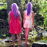 Two Girls Back View wearing Kids Blue & Raspberry Purple Ponytail Hair Extensions