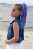 Girl wearing Raspberry &  Blue clip in hair extensions  Side View