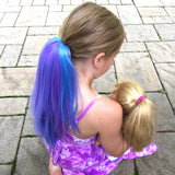 Girl wearing Kids Blue & Raspberry Purple Ponytail Hair Extensions