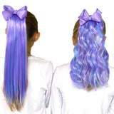 Girls Wearing Kids Blue & Purple Hair Extensions with Purple Bow Straight & Wavy
