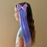 Girl Wearing K ids Blue & Purple Hair Extensions with Purple Bow Profile View