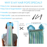 The infographic shows a girl wearing a unicorn hair extension that is 16-18 inches long that can be cut. These colorful hair extensions have a 4 inch blue bow with a durable alligator clip that is easy to use and attaches to any amount of hair. These rainbow hair extensions are tangle resistant, high quality, and heat resistant.
