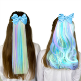 Girls wearing Unicorn colorful hair extension ponytail blue bow
