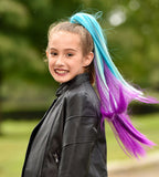 Girl Wearing Girls Turquoise, White & Magenta Ponytail Hair Extensions outside in leather jacket