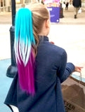 Straight Girls Turquoise, White & Magenta Ponytail Hair Extensions Back View