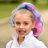 Front head shot of wavy  pink & teal kids hair extension