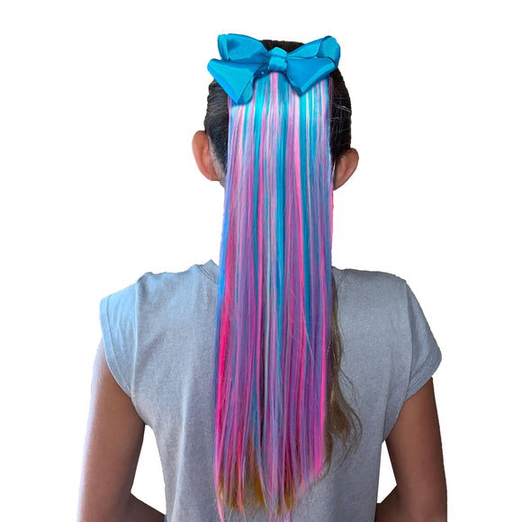 Pink & Teal Kids Ponytail Hair Extensions with Bow for Girls