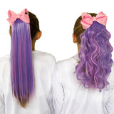 Girls wearing purple & pink hair extensions with bubble gum bow straight and wavy