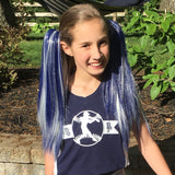 Girl wearing navy blue and white crazy hair day accessories for kids 