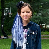 Little girl wearing blue & white color hair extensions 