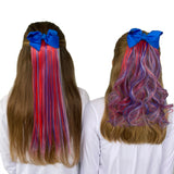 Girls wearing red white blue color hair extensions with bow straight and wavy