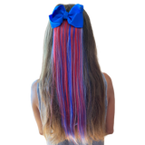 Girl wearing red white blue hair extensions colorful with bow cute hair accessories