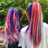 Girls wearing red white &  blue hair extensions, straight and wavy