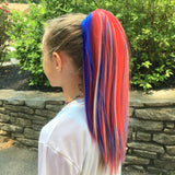 Girl wearing straight, red white navy blue hair extensions