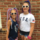 Girls wearing red white blue hair extensions crazy hair day for kids