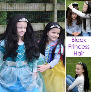Girls wearing Princess Black Hair Wigs with Rhinestone Tiara Headband