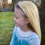 Princess blonde wig and tiara headband side view