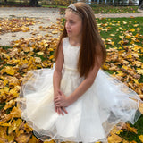 Girl in White Dress Wearing a Brown Hair Extensions with Rhinestone Tiara Headband